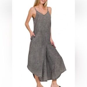Zenana Outfitters Gray Washed Wide-Leg Spaghetti Strap Jumpsuit